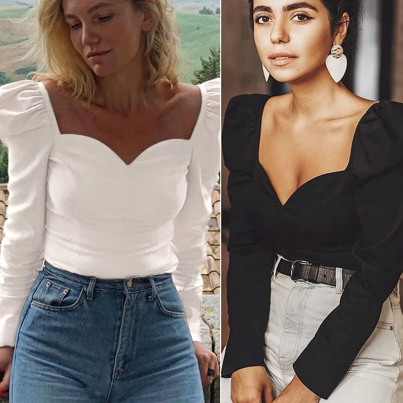 

Women Bubble Long Sleeve V-Neck All-Match T-Shirt Top Women White Retro England Style Square collar Shirt Tops 2020