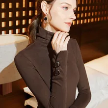 Camiseta de manga larga Color café para mujer, ropa Lisa ajustada, ropa interior térmica de cuello alto negro, Tops, novedad de otoño e invierno de 2021 (4)