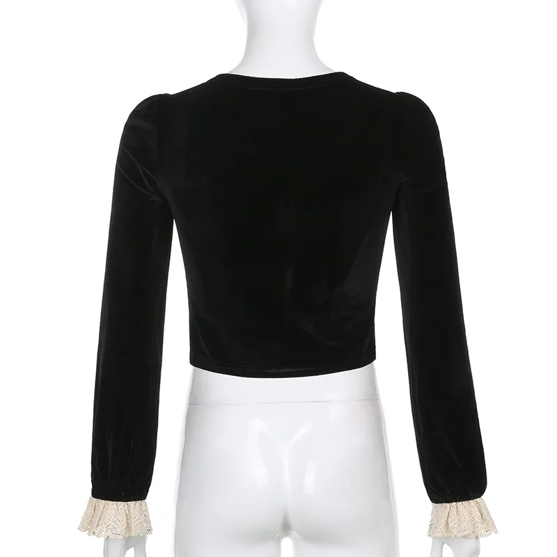 

BONJEAN Lace Patchwork Shirt for Women 2020 Spring Autumn Clothing Square Collar Slim Shirt Crop Tops Black Short Shirt BJ3310