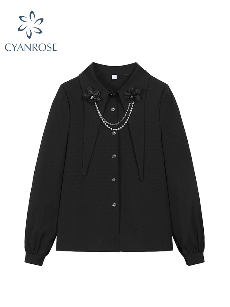 

2022 Women French Style Chic Flower Shirts Vintage Long Sleeve Single Breasted Loose Office Ladies Female Sweet Elegant Blouses