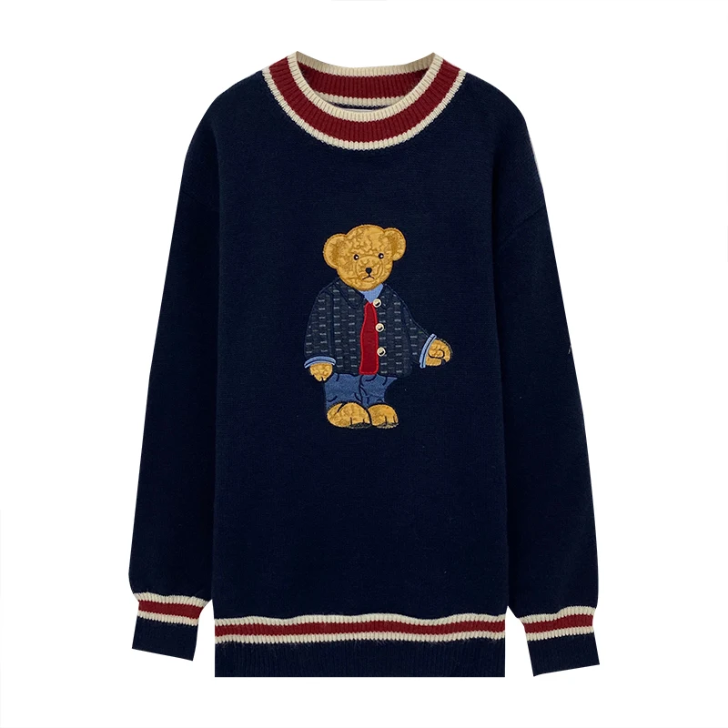 Suéteres de punto con bordado de oso de dibujos animados para mujer, Jersey informal cálido, Harajuku, Kawaii, de gran tamaño, primavera y otoño, Japón