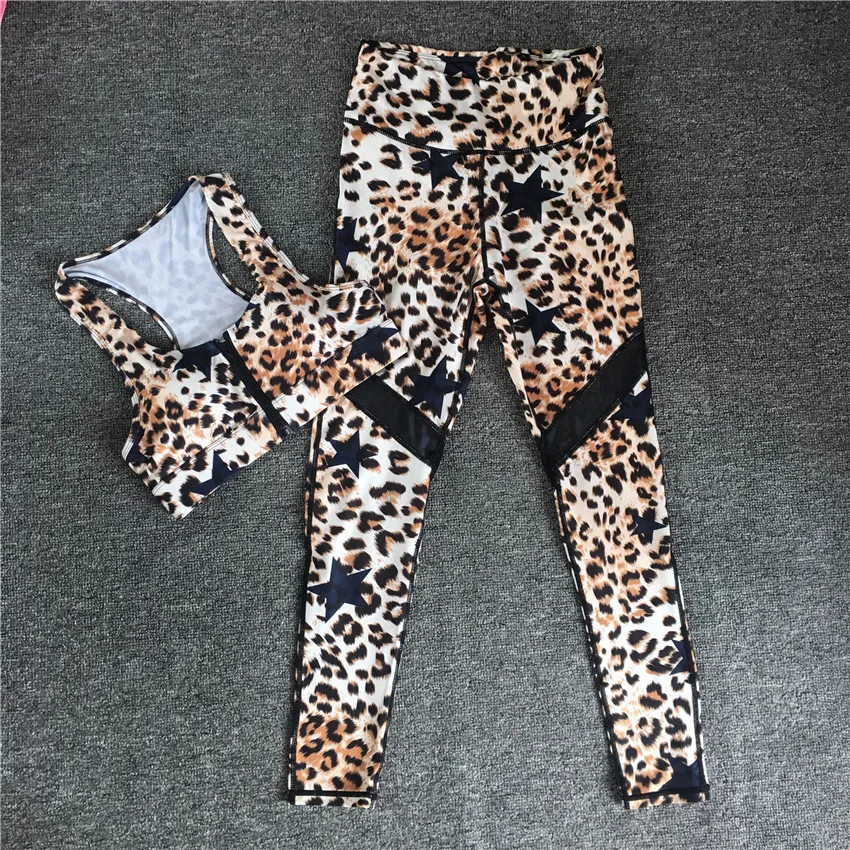 

2021 Pad Yoga Set Women Leopard Sport Suit Fitness Wear Running Workout Leggings Pant Zipper Bra Female Tracksuit Activewear