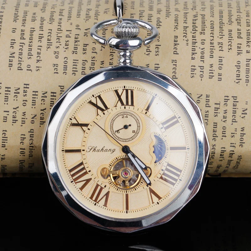 5pcs Hot Salling Luxury Open Face Hand-winding Tourbillon Mechanical Pocket Watch Roman Number Moon Phase Fob Watch Gift PJX058 enlarge