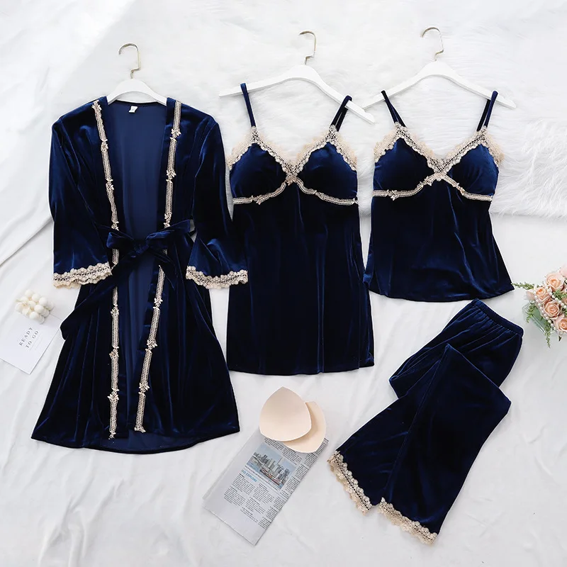 

Весенние женские пижамные комплекты из золотистого бархата, пикантный кружевной халат, пижама, одежда для сна с длинным рукавом, ночная оде...