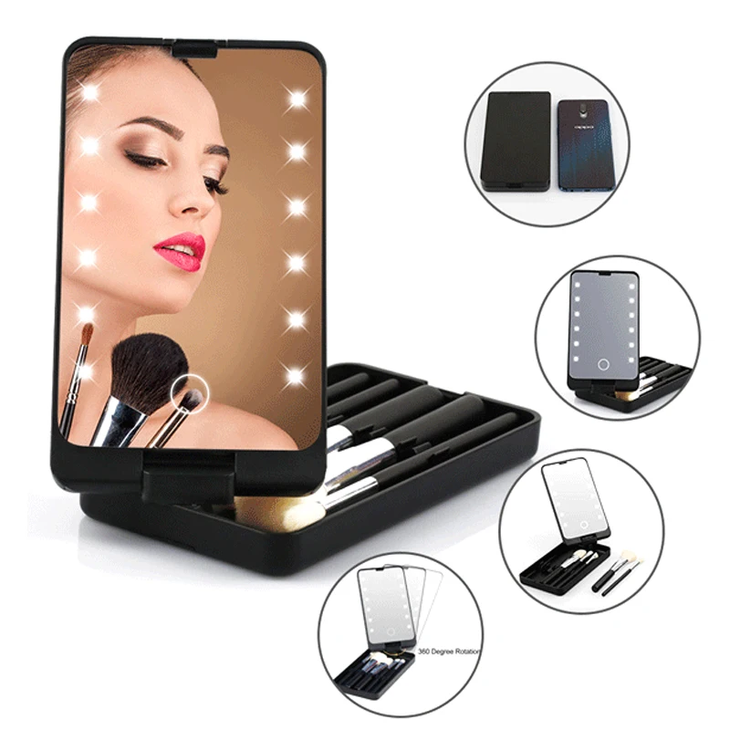

Cosmetic Brushes Kit with LED Make-up Mirror Portable Mini 360 Rotatable LED Makeup Mirror with 5 Pcs Cosmetics Brushes Storage