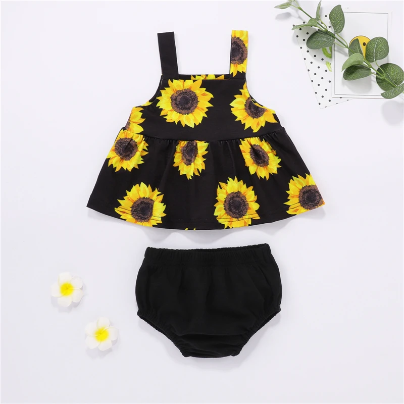 

2Pcs Toddlers Summer Outfit Set Sunflower Print Square Neck Tank Tops + Elastic Waist Shorts for Baby Girls 0-24 Months