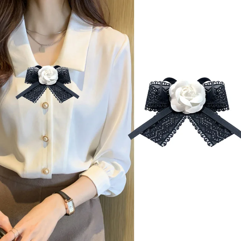 

Classic Camellia Women's Bow Tie College Style Black Lace Ribbon Fashion Retro Brooch Banquet Party Shirt Neckline Accessories