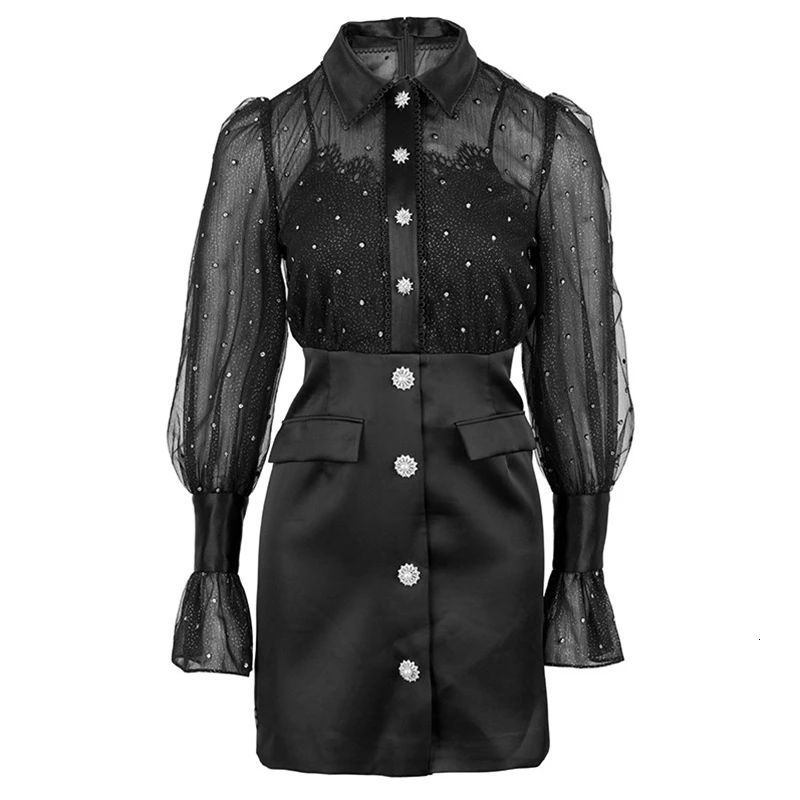 

GALCAUR Black Dress For Women Lapel Flare Long Sleeve High Waist Dot Hit Color Sequined Mini Dresses Female 2020 Autumn Clothing