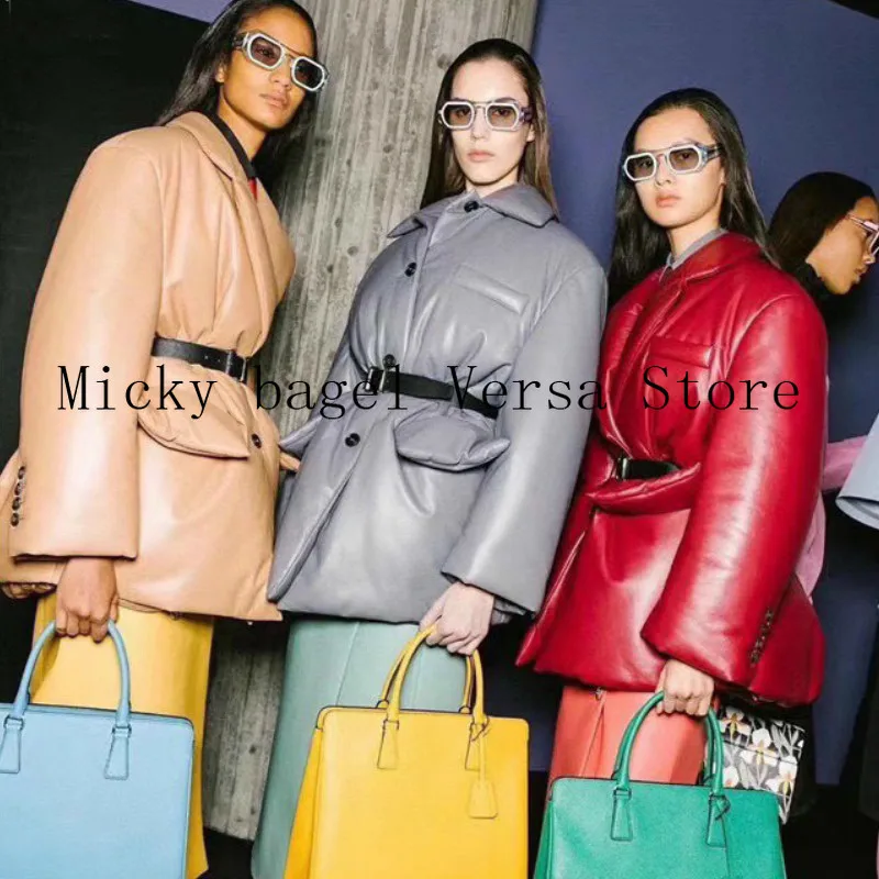 

2021 luxury design high end customized sheepskin splicing women's leather coat temperament Lapel slim versatile down jacket