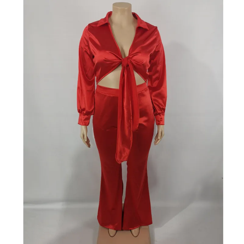 

N Sexy Satin Two Piece Set Women Deep V Clothes Bow Tie Top And Wide Leg Pants Suit Fall 2 Piece Club Outfits Matching Sets