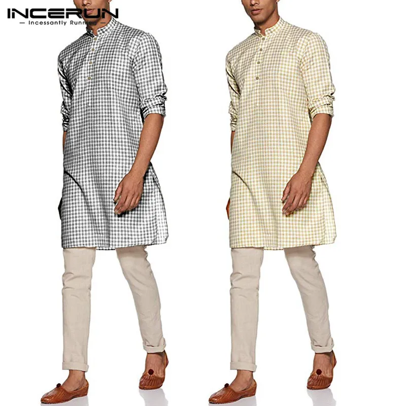 

INCERUN Indian Clothes Men Long Shirts Vintage Plaid Shirt Man Casual Long Sleeve Stand Collar Robes Loose Muslim Kurta Blouse