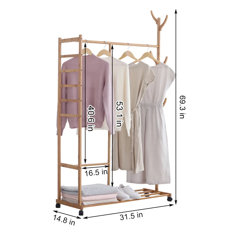 

Bamboo Coat Rack Floor Standing Clothes Hanging Storage Shelf Clothes Hanger Racks Bedroom Furniture Garment Closet Rack w/Wheel