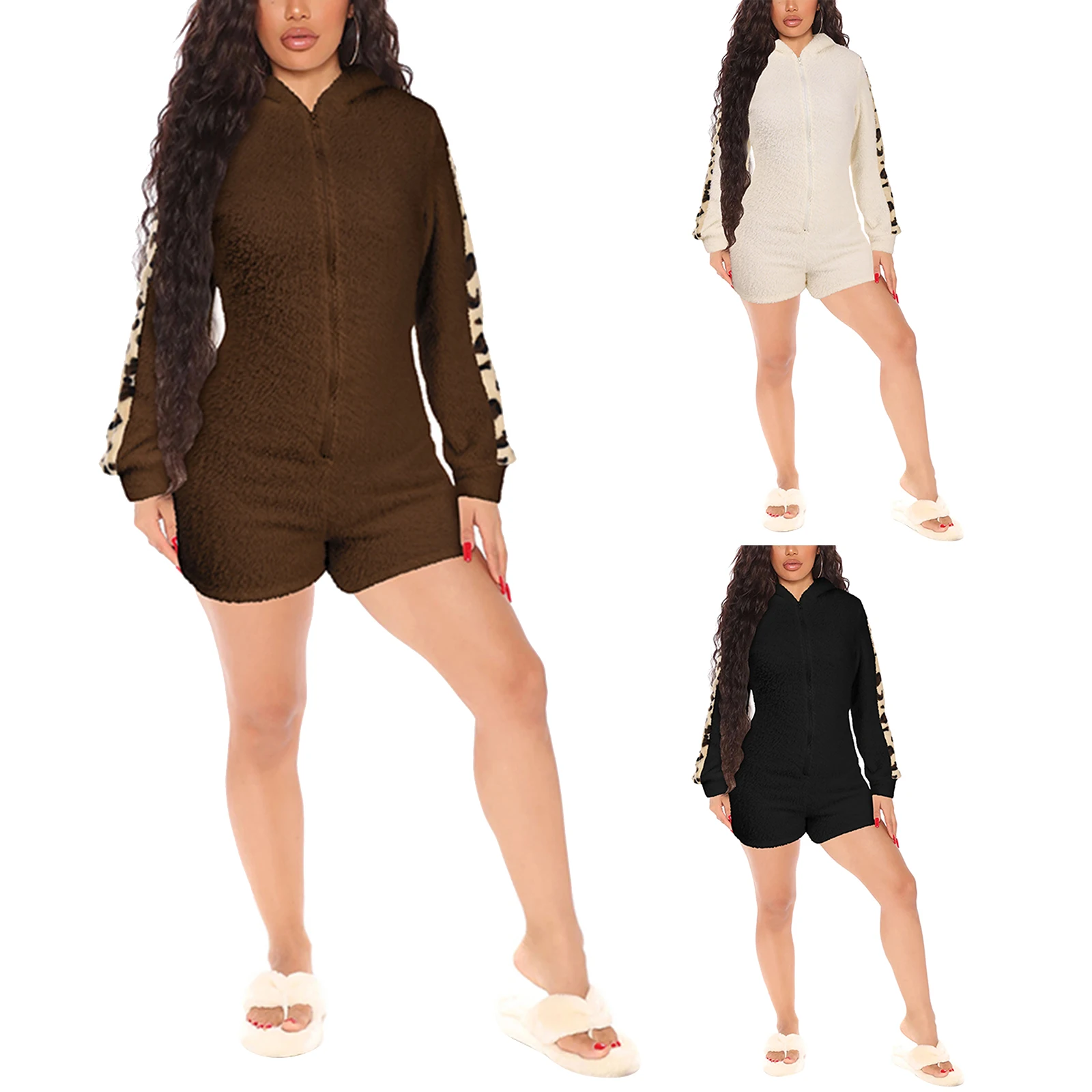 

Y2K Women's Cute Zip Up Hooded Romper Fuzzy Long Sleeve Leopard Color Block Jumpsuit Shorts for Dailywear