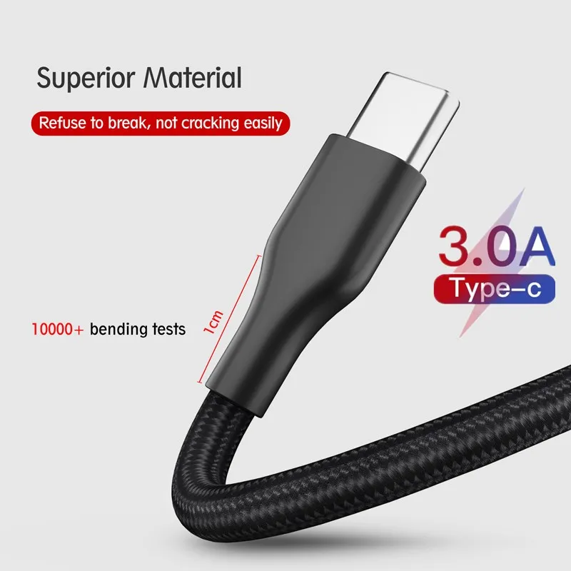 Качественный кабель usb type-C 3A для Xiaomi Redmi Note 7 Mi9, кабель USB C для быстрой зарядки и синхронизации данных для samsung Galaxy S9, Oneplus 6 t, type-C