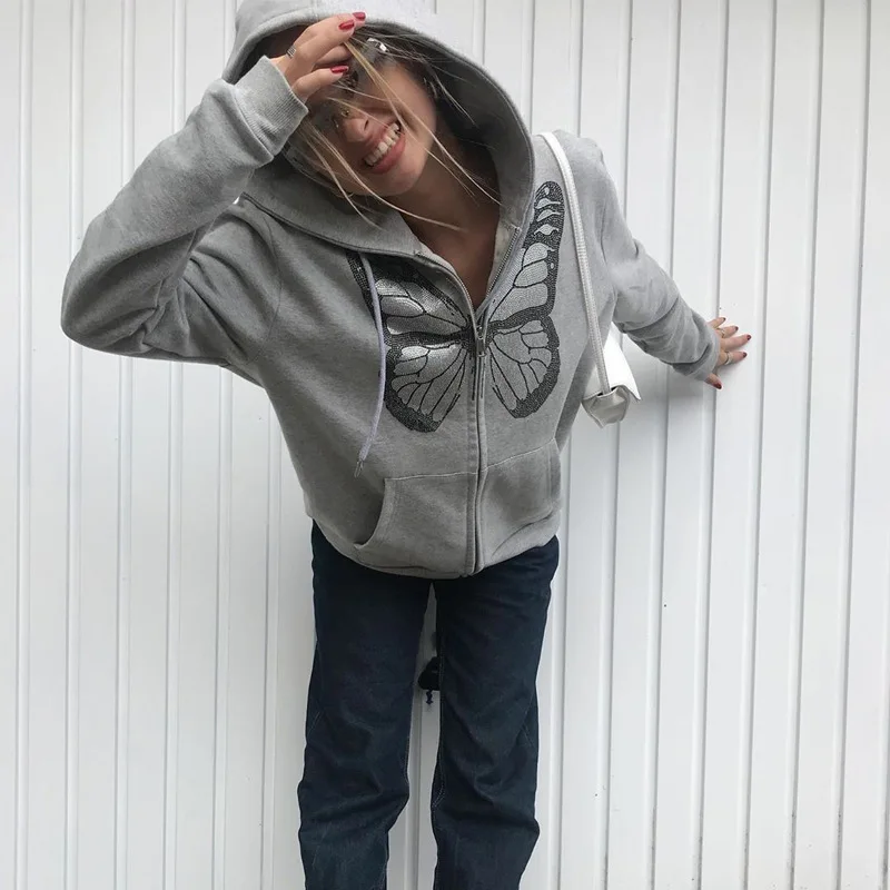 

ICCLEK Y2K Fashion Oversized Butterfly Graphic Rhinestone Zip Up Hoodies E-girl 90s Streetwear Diamond Grey Long Jacket Summer