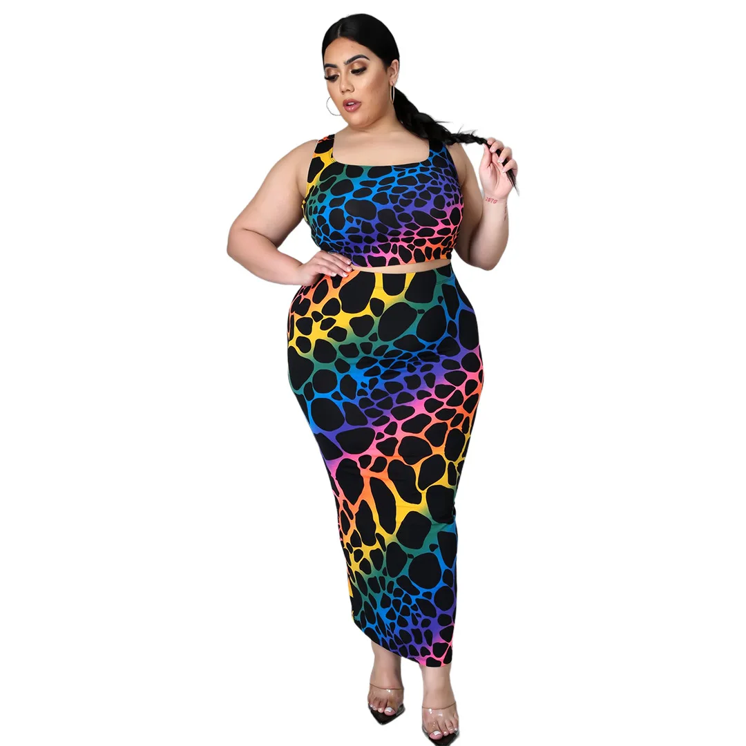 

Ursuper European and American Fashion plus Size Women Cross-Border Leopard Print Letter Print Vest Split Skirt Suit