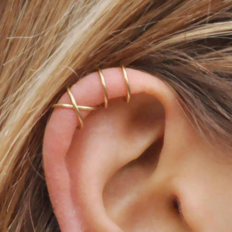 5Pcs/Set Stainless Steel C Shape Cross Clip Ear Cuffs Gold Leaf Ear Clip Earrings For Women No Piercing Fake Cartilage Earring