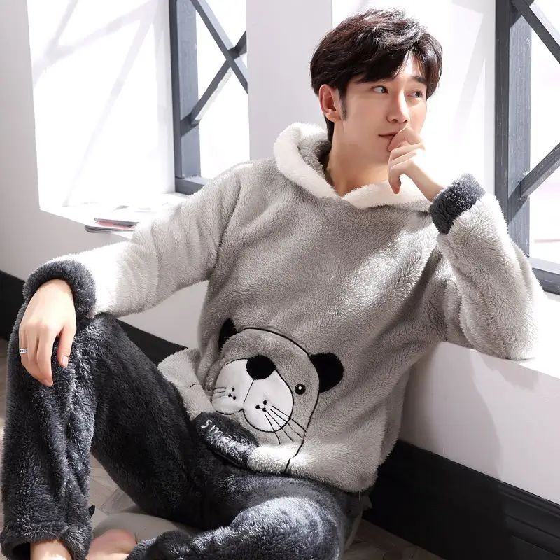 man pajamas4 Зимняя мужская Милая мультяшная Пижама для костюмированной вечеринки, парные плотные теплые фланелевые пижамные комплекты с капюшоном для женщин, бархатные пижамы с длинным рукавом kiguru - Цвет: man pajamas4