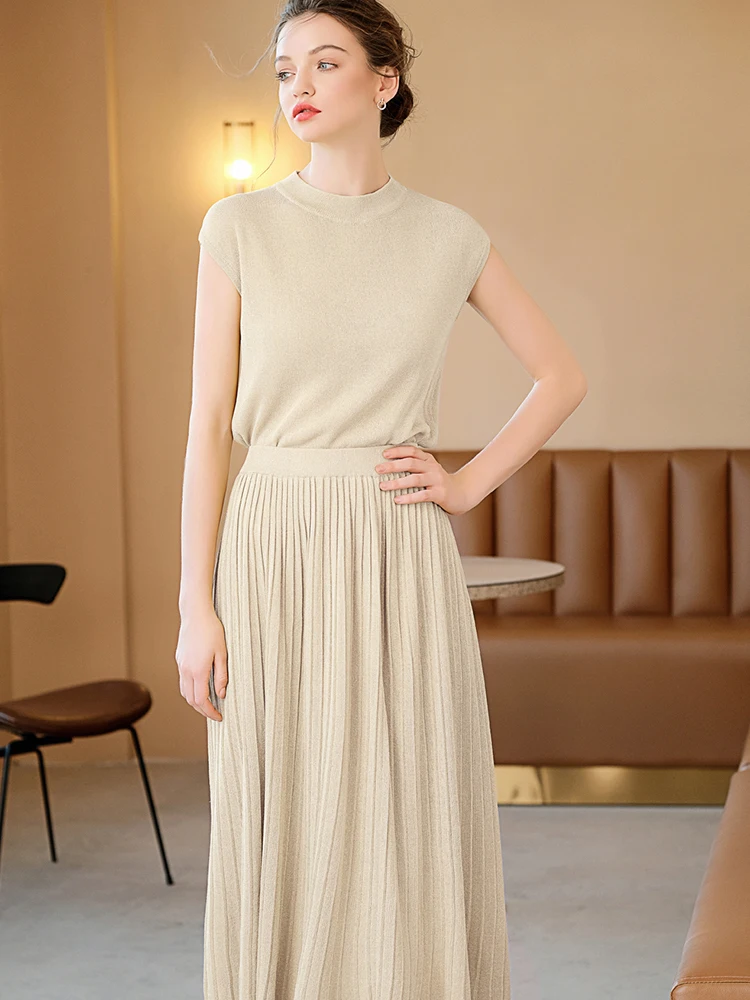 Простой дизайн модные женские комплекты водолазка без рукавов вязанный Топ