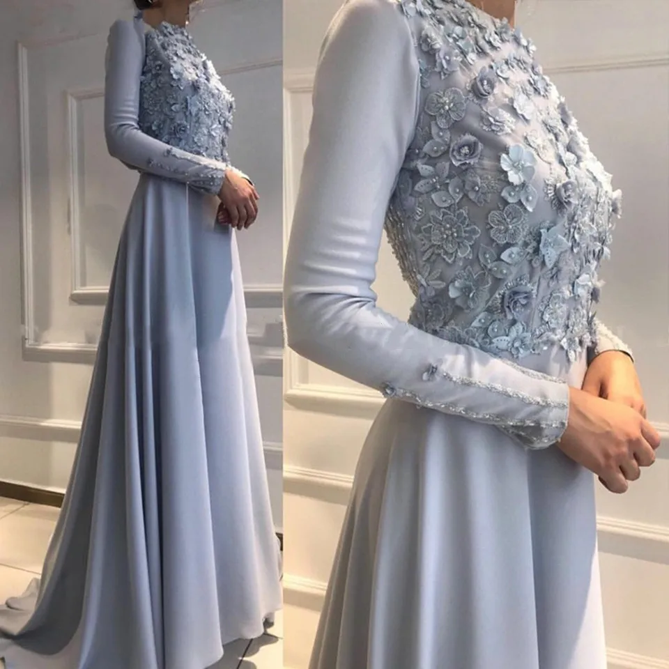 

Muslim Long Sleeves Evening Dresses For Women Special Occasion Formal Party Prom Gowns 2021 Satin Appliques Dress Saudi Arabia