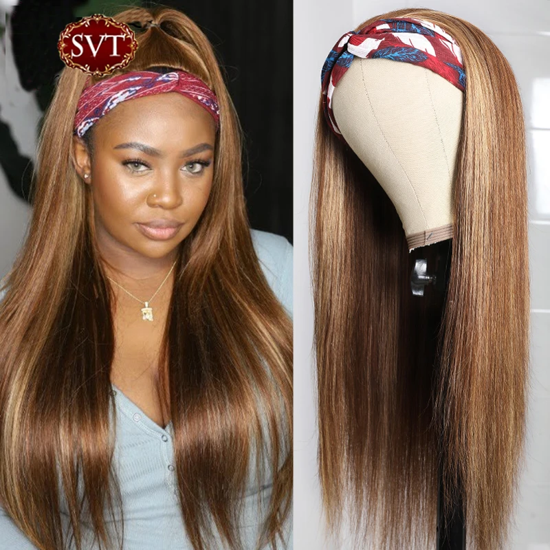 

SVT Hair Peruvian Glueless Headband Wigs Straight Wig Ombre 4/27 Highlight Honey Blonde Remy Human Hair Wig Beginner Friendly