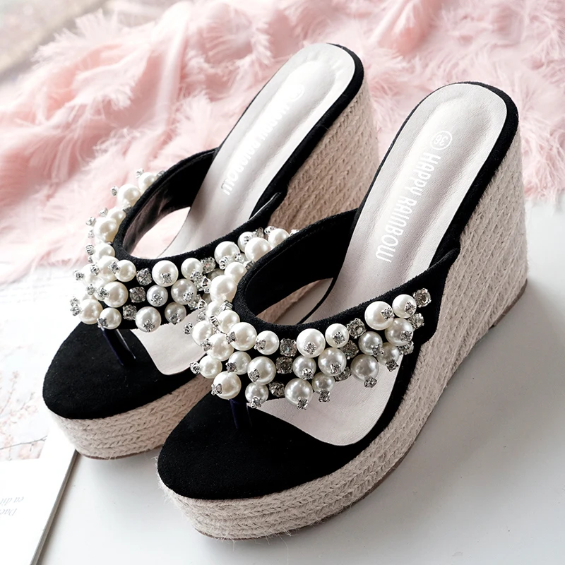 2019 г. женские Кристальные клинья сандалии ткацкие шлепанцы на высоком каблуке 11