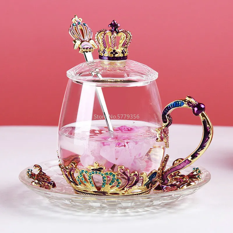 

New Enamel Crystal Glass Cup Mug with Spoon Home High-temperature Resistance Drinkware Flower Tea Coffee Cup Gift Teacups