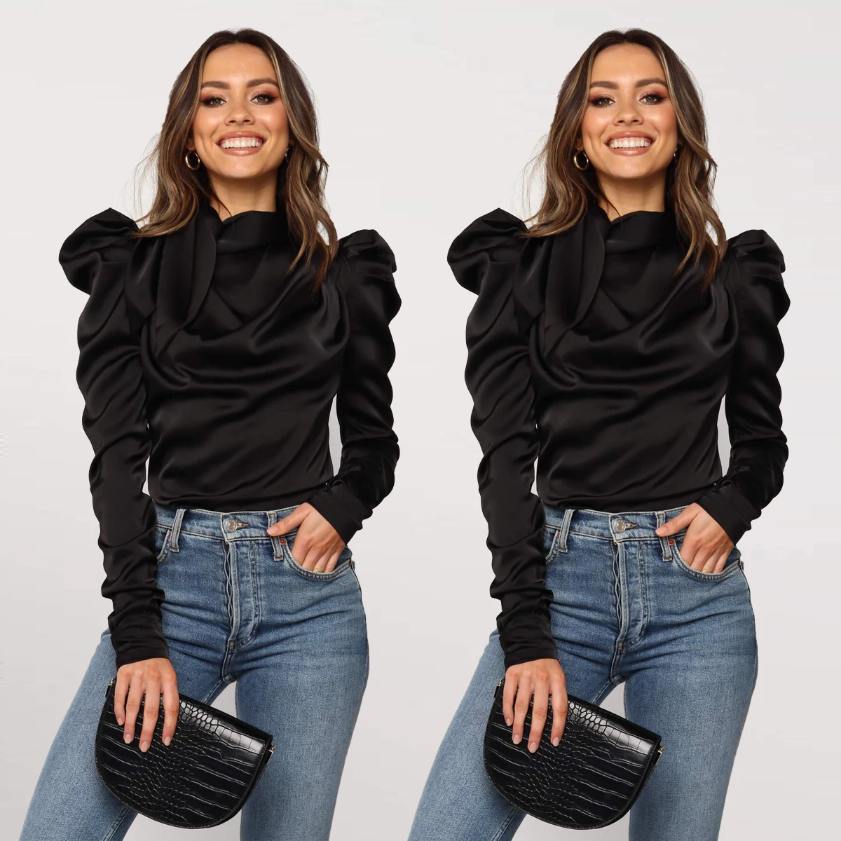Женские атласные блузки черные элегантные с длинным рукавом и бантом Офисная