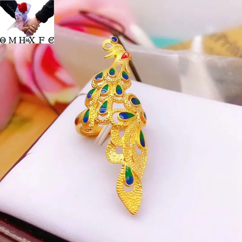 

OMHXFC Jewelry Wholesale YM1620 European Fashion Fine Woman Girl Party Birthday Wedding Gift Vintage Peacock 24KT Gold Open Ring