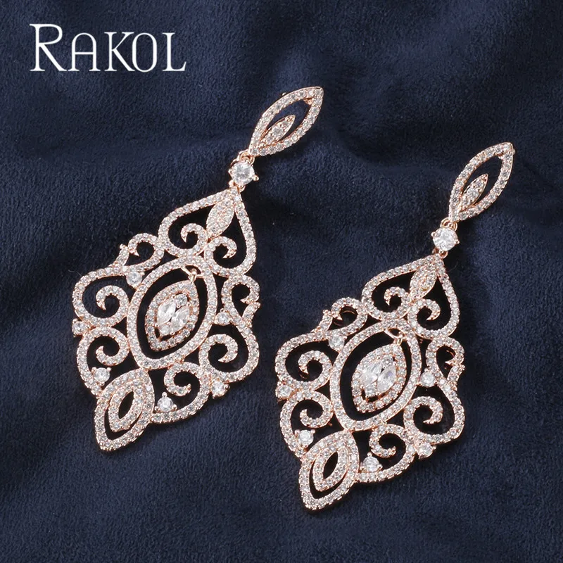 RAKOL Роскошные кубический цирконий, геометрической формы полный Мирко Асфальтовая Длинные Висячие серьги для элегантных дам Для женщин Свадебные украшения RE21866 - Окраска металла: rose gold