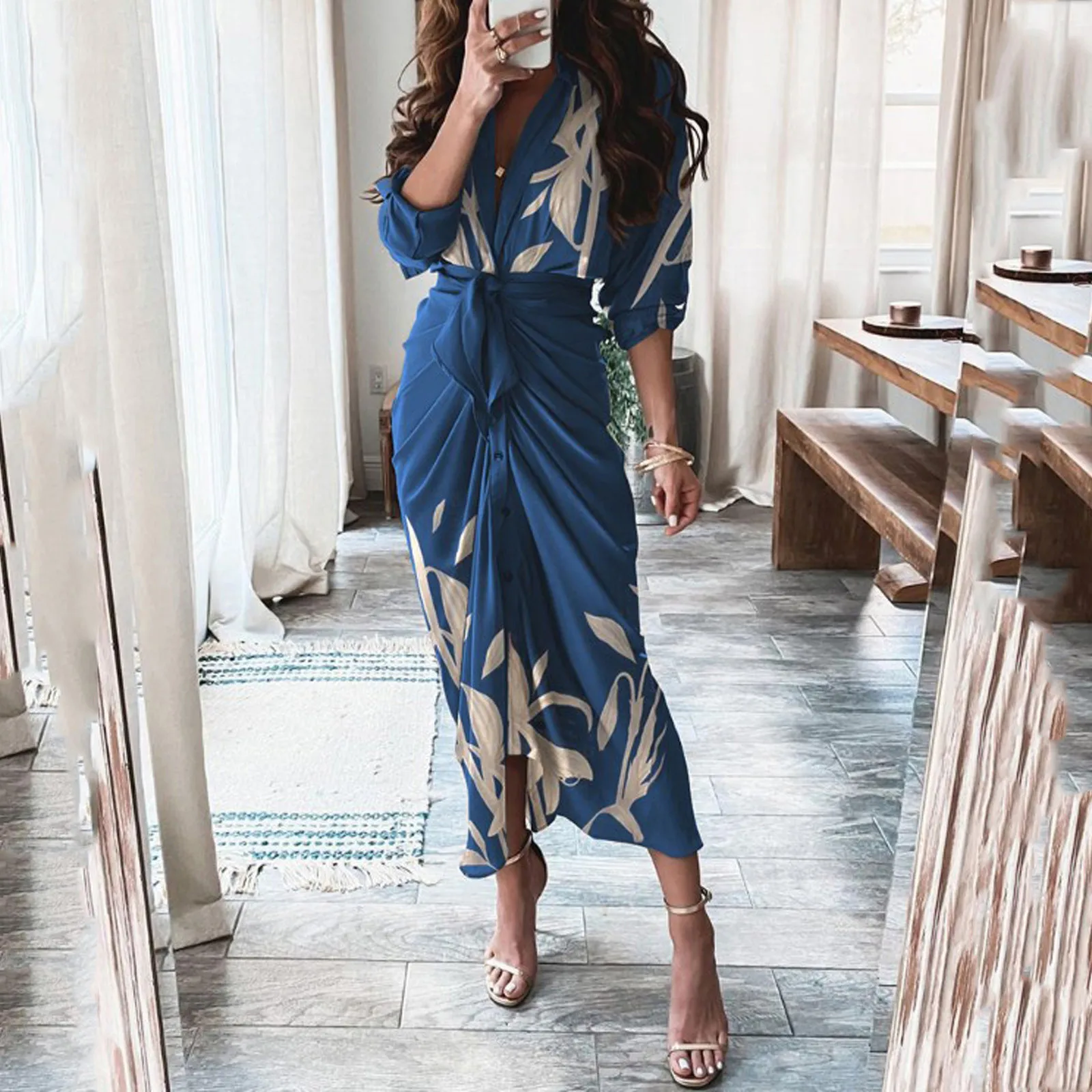 

Women's Dress Casual Print Cardigan Dress With Belted And Button Sleeves Plant Printed Dresses For Women Vestidos De Mujer