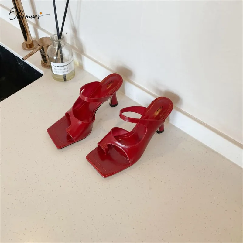 

OllyMurs New Genuine Leather Woman Summer Slippers Square Toe Black Red Thin High Heel Women Shoes Slippers Fashion Shoes Woman