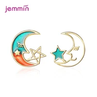 lovely cartoon gradient star moon stud earrings for women girls asymmetry earring 925 sterling silver ear piercing jewelry