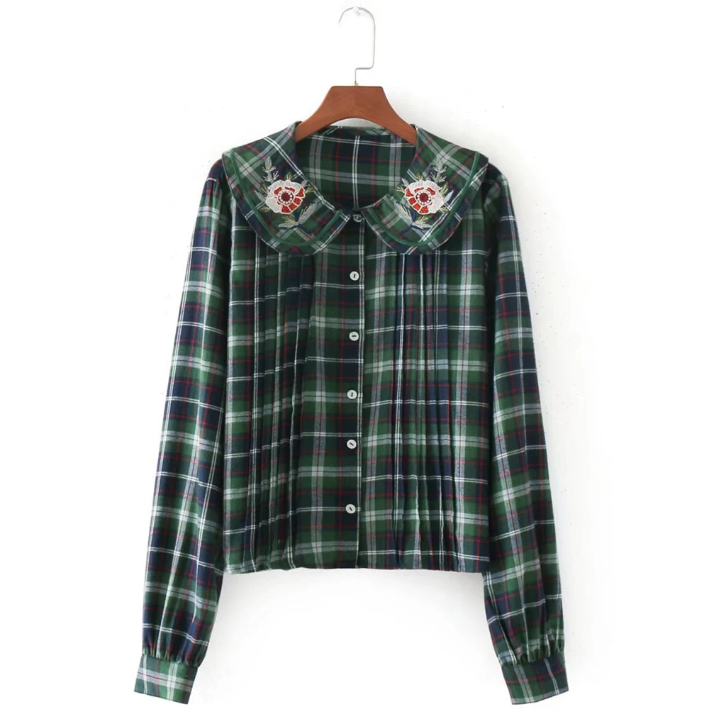 Элегантные женские блузки 2019 с длинным рукавом цветочной вышивкой в клетку на