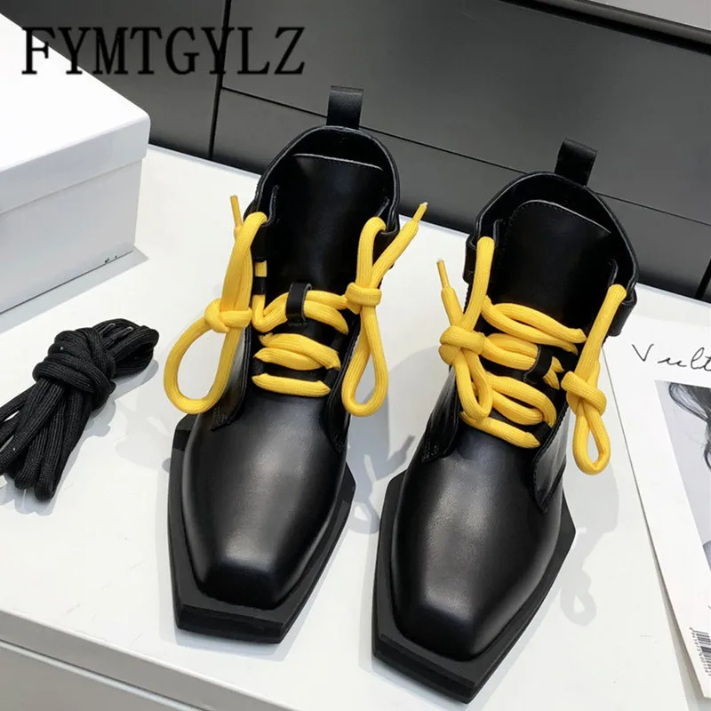 

Осенне-зимние новые высококачественные женские ботинки кожаные ботильоны на шнуровке с квадратным носком женская обувь на плоской подошве...