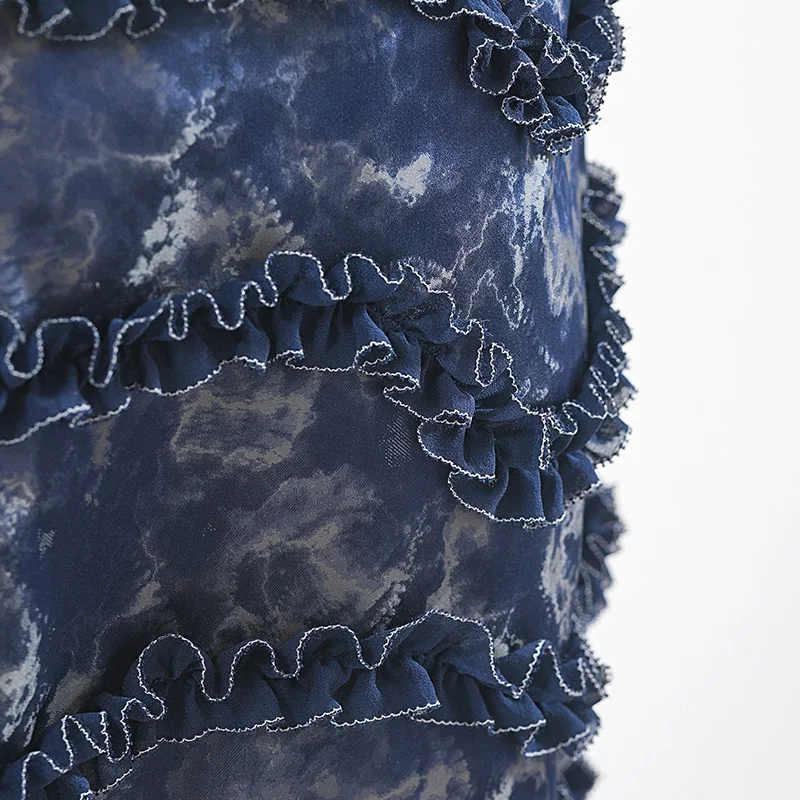 

VOA Silk Jacquard Appliques Dark Blue Bottom Ash Dyed Silk Edible Tree Fungus Waist Short Cake Skirt C733 Skirts Womens 2021