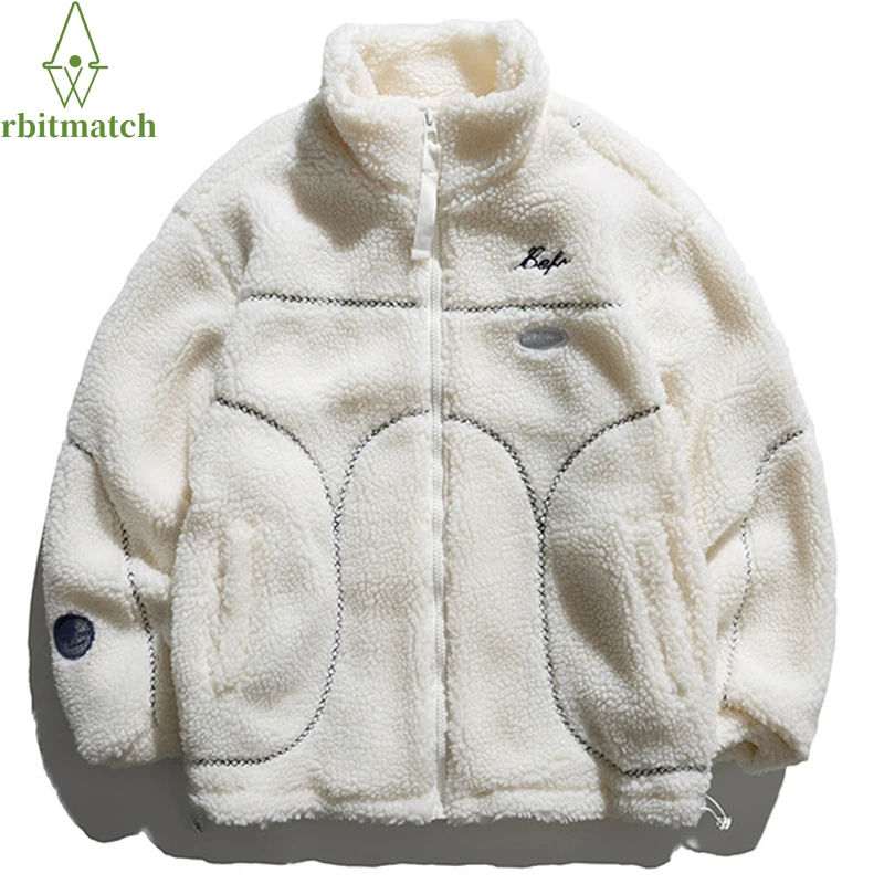 

Oversize Hip Hop Streetwear Furry Jacket Men Harajuku Embroidery Letter Thicken Jacket Coat Cotton Fleece Winter Outwear Coats