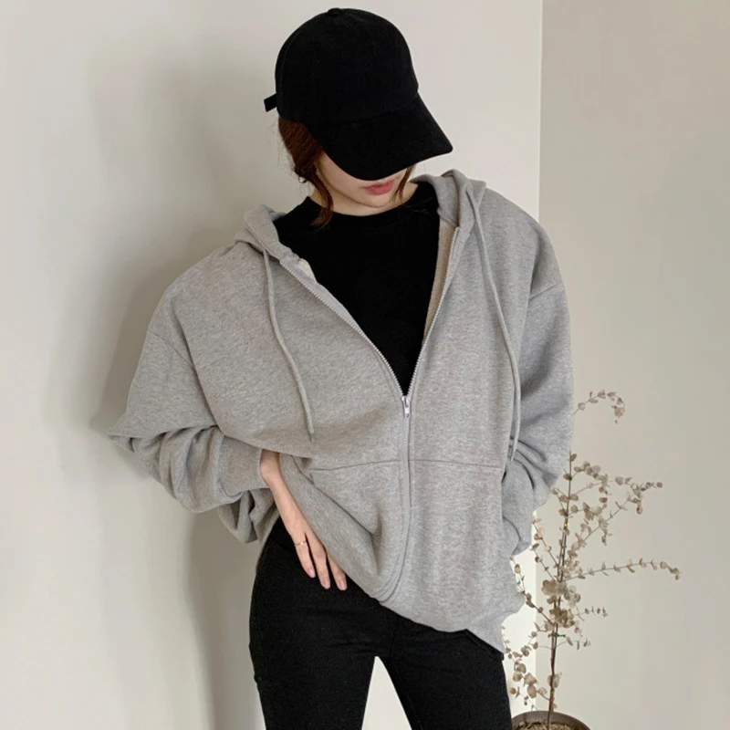 

Однотонные хлопковые толстовки для женщин, большие размеры, толстовка на молнии, кардиган с карманом, Свободные повседневные уличные толст...