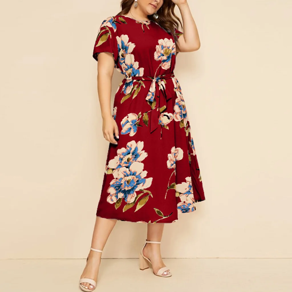 

New Fashion Women's Large Round Neck Short Sleeve Print Waist Chiffon Skirt Medium Length Dress