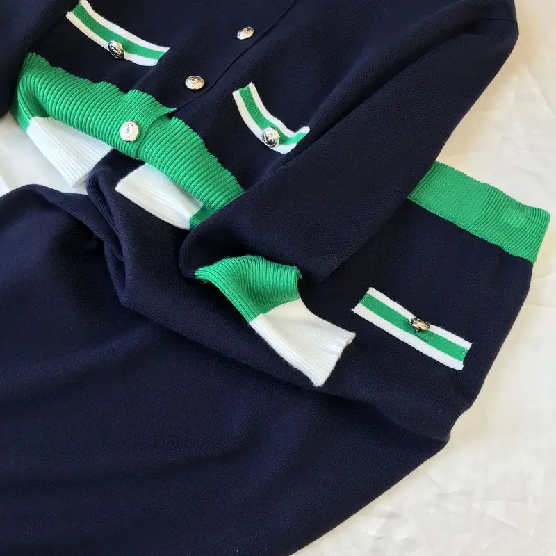 

Korean Knitted 2 Piece Set Women Single-breasted Splicing Sweaters + Elastic Skirt Suits Sets Casual Fashion Elegant Outfits