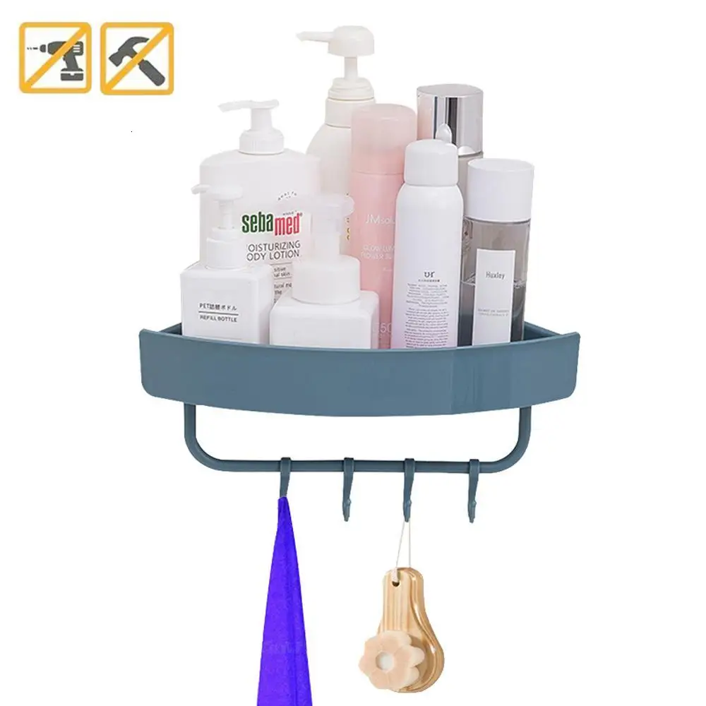 Triangle dark blue Настенный Душ Caddy Полка вешалка-органайзер с крючками Съемная без следов угловая душевая корзина кухня Аксессуары для ванной комнаты - Цвет: Triangle dark blue