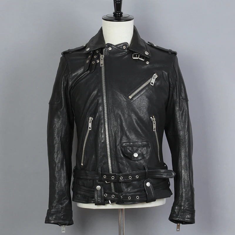 Натуральная модная кожаная мужская Черная байкерская куртка из овчины с