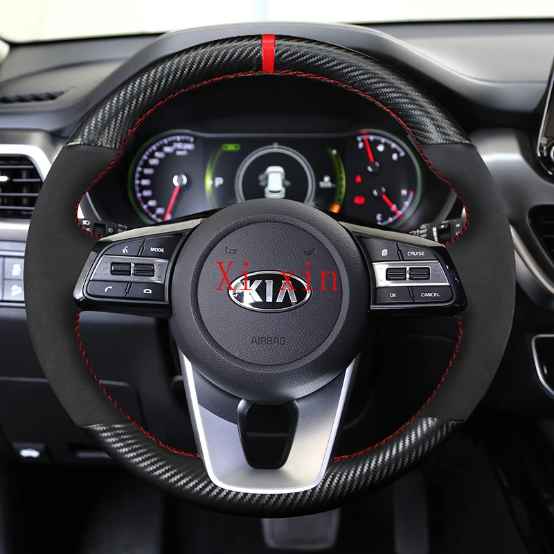 

For Kia K2 fcrte K5 KX1 k3 sportage-R K4 Pegas K4 KX7 DIY custom carbon fiber leather hand-sewn car steering wheel cover