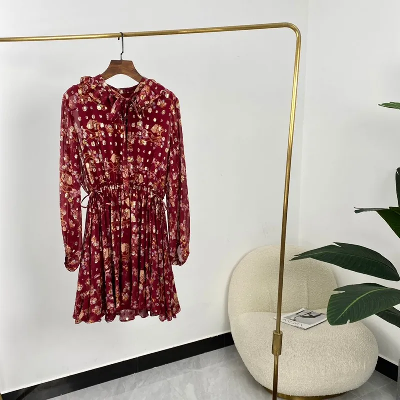 

High Quality Silk New Summer Women Fashion Claret A-line Floral Print Long Sleeve Mini Dresses