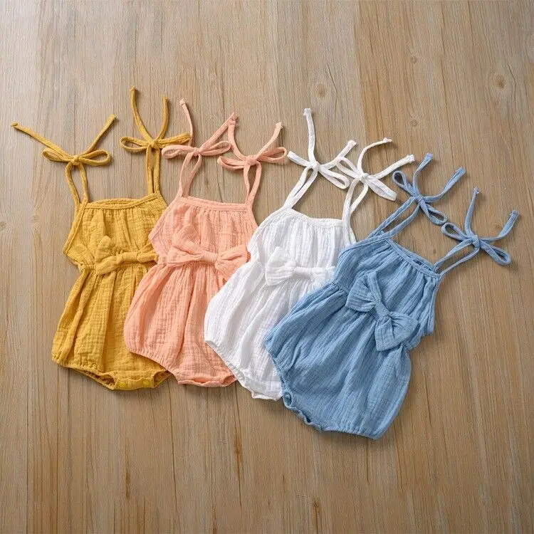 Ropa de verano para beb&eacute; reci&eacute;n nacido, Pelele de Srap, mono de lino de algod&oacute;n s&oacute;lido, conjunto de trajes con lazo, suave-0