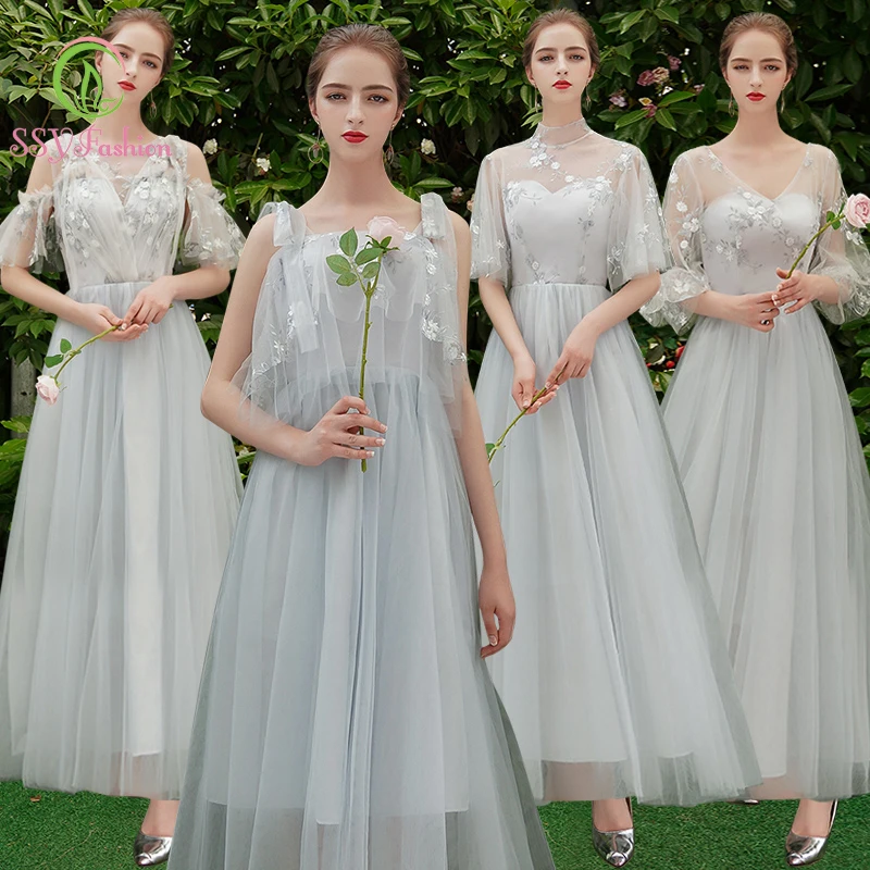 SSYfashion элегантное серое длинное платье подружки невесты с аппликацией вечерние