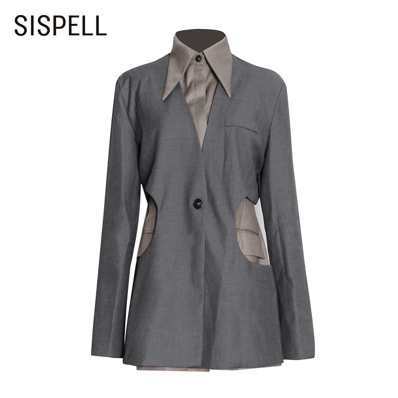 

SISPELL Patchwork Colorblock Blazer Coats For Female Lapel Collar Long Sleeve High Waist Slimming Women's Casual Coat Fashion