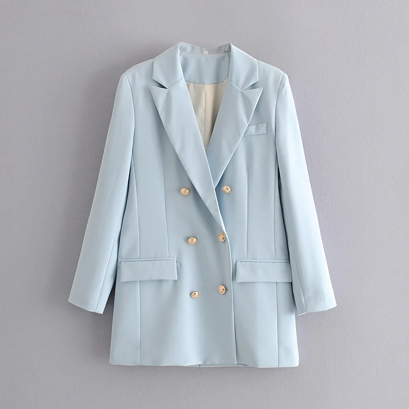 womens blazers jacket autumn new blue metal double-breasted suit collar mid-length temperament blazer women