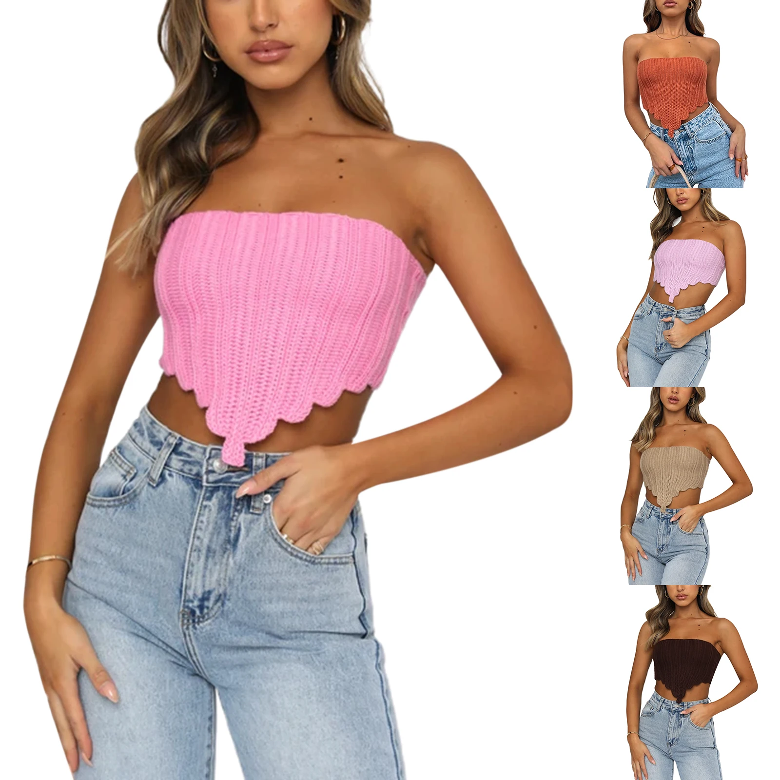 

Summer Ladies Sexy Strapless Camisole, Girls Solid Color Back Tie Up Irregular Hem Sleeveless Chest Wrap Knitted Tops