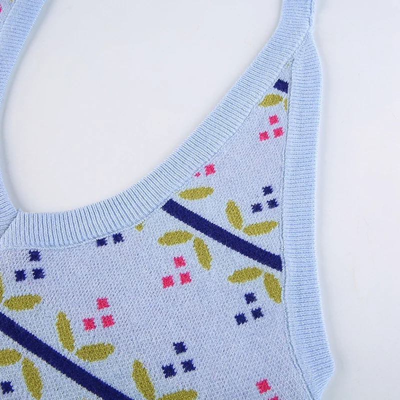 

Women's European and American Style Fashion Floral V-Neck Halterneck Vest Women's Halter Bottoming Tops Blue